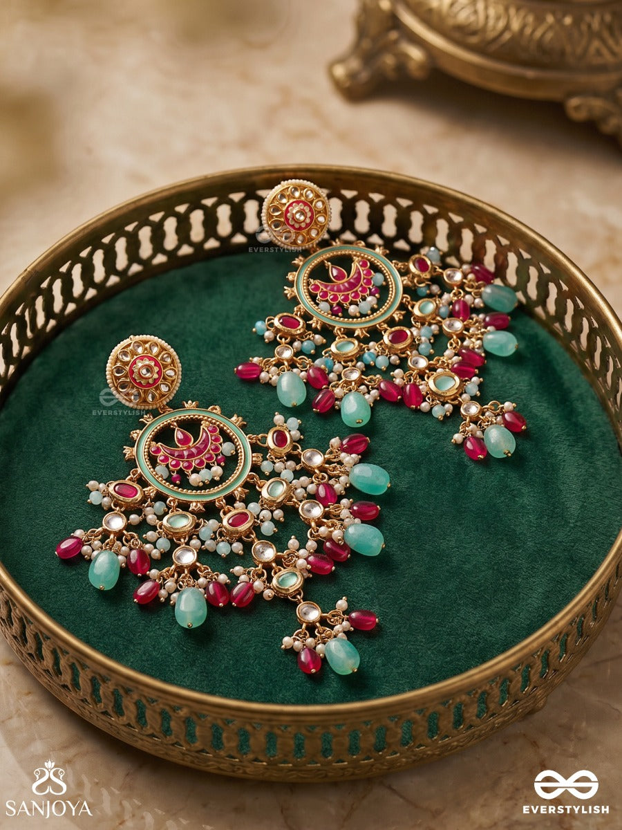 Rangnoori – Lustre Of Colours – Ornate Earrings With Decorative Round Motifs, Pearl Clusters, Aqua Drop Accents And Festive Multi-Colour Danglers