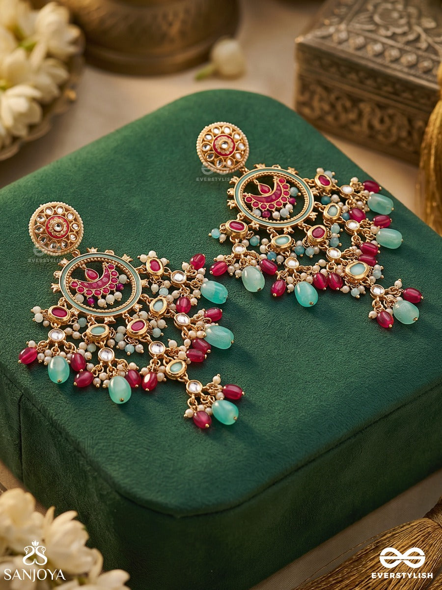 Rangnoori – Lustre Of Colours – Ornate Earrings With Decorative Round Motifs, Pearl Clusters, Aqua Drop Accents And Festive Multi-Colour Danglers