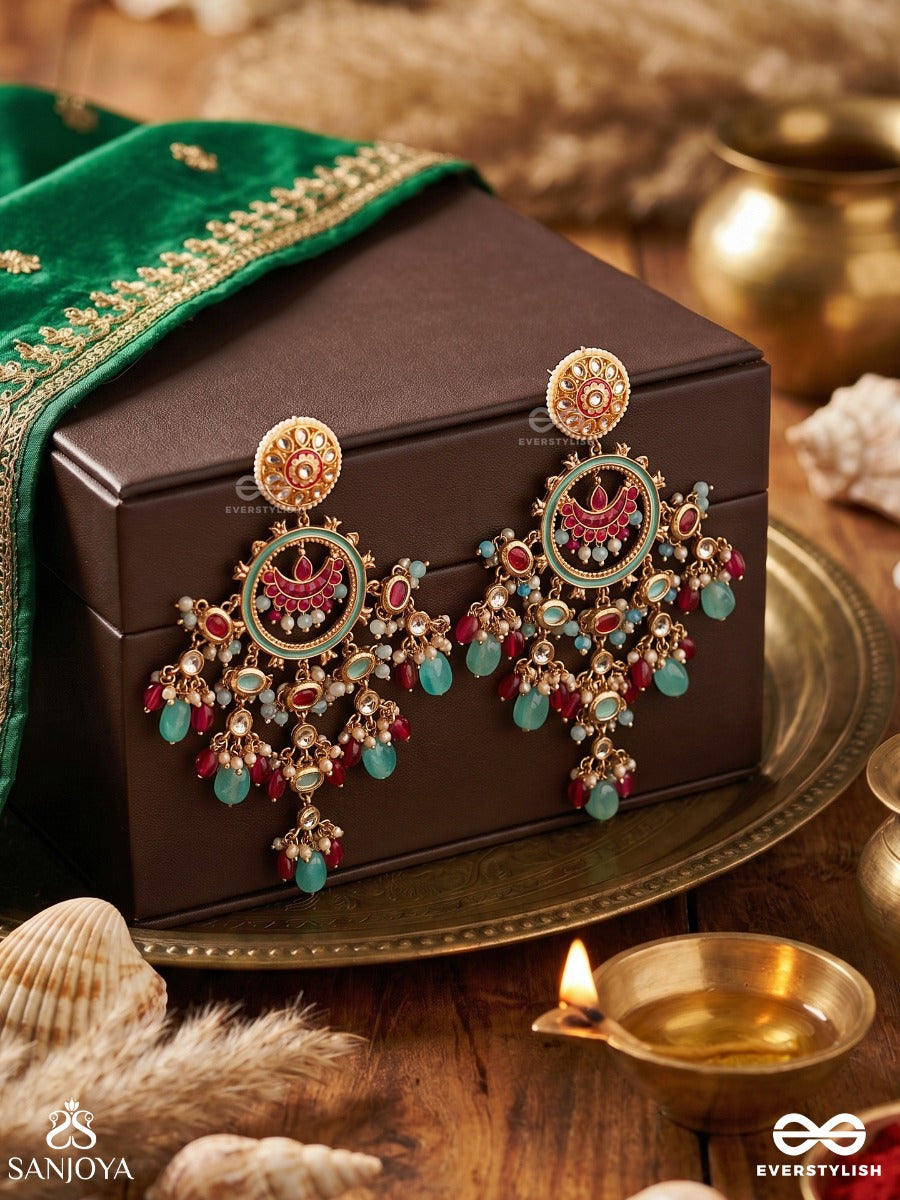 Rangnoori – Lustre Of Colours – Ornate Earrings With Decorative Round Motifs, Pearl Clusters, Aqua Drop Accents And Festive Multi-Colour Danglers