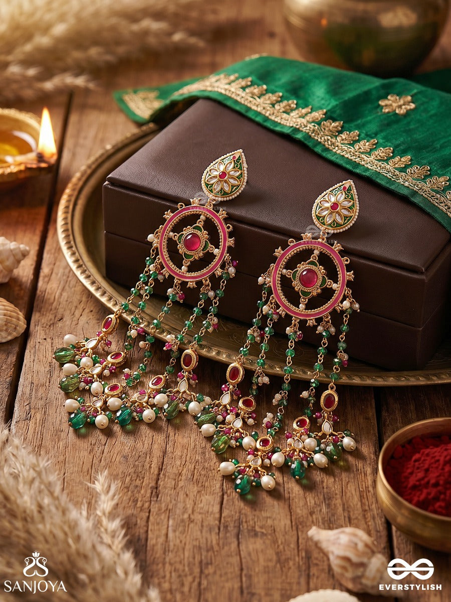 Raganjali – Offering Of Melody – Festive Earrings With Ornamental Top Motifs, Pearl Clusters And Vibrant Multi-Colour Danglers