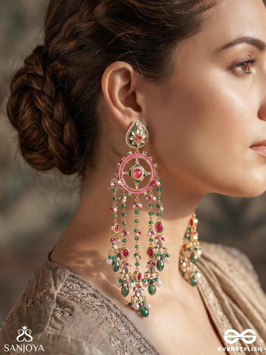 Raganjali – Offering Of Melody – Festive Earrings With Ornamental Top Motifs, Pearl Clusters And Vibrant Multi-Colour Danglers