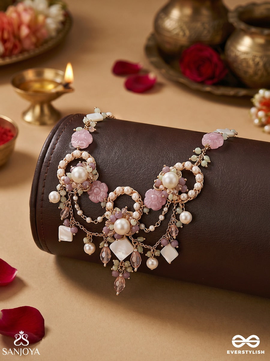 Mriduvani – Soft Melody – Elegant Necklace With Blush Pink Bead Links, Pearl Accents, Gold-Tone Curves And Delicate Dangling Details