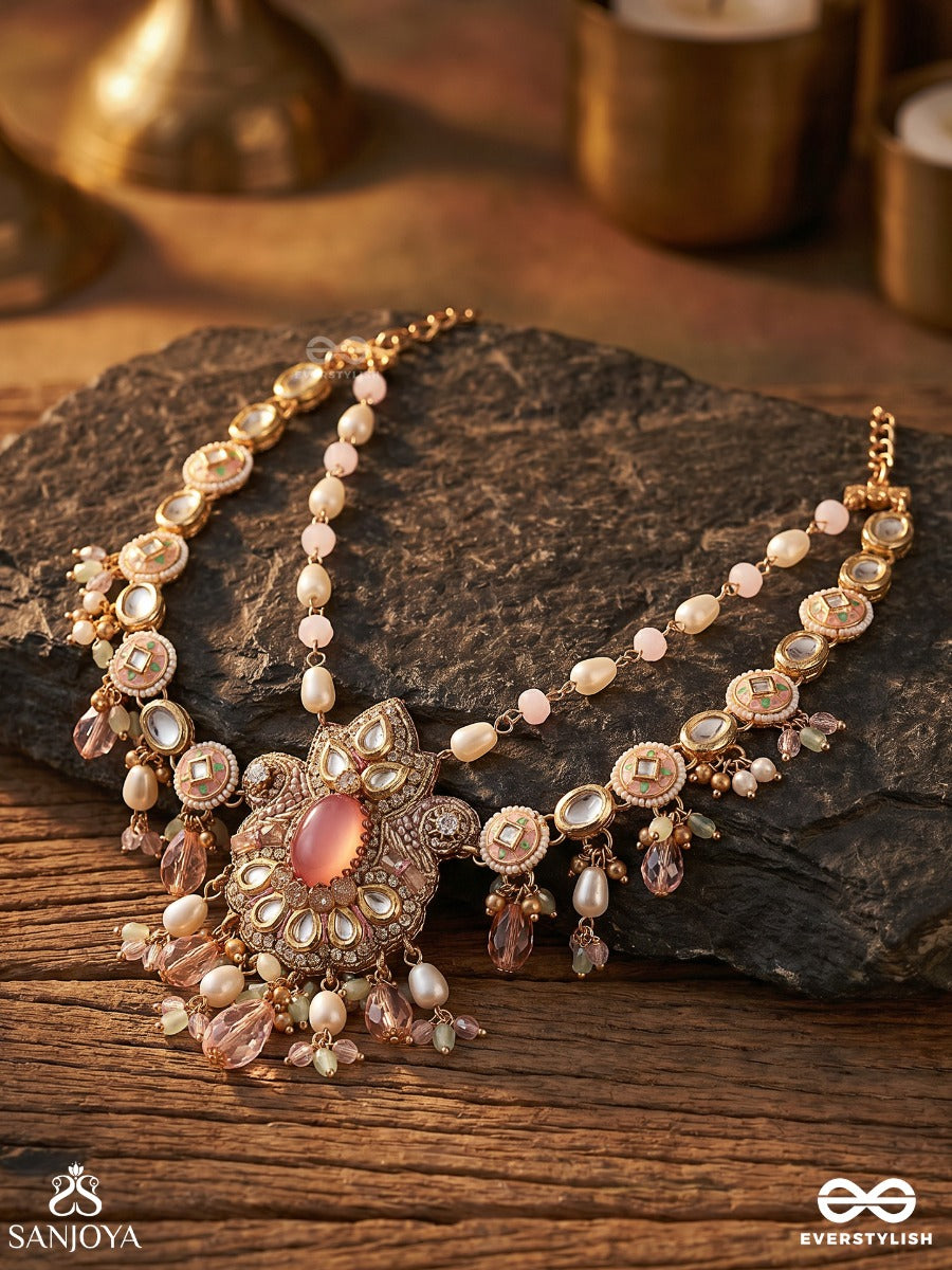 Gulaabika – Rose-Tinted Beauty – Festive Necklace With Blush Pink Centerpiece, Mirror-Like Stone Links, Pearl Details And Delicate Pastel Drop Accents