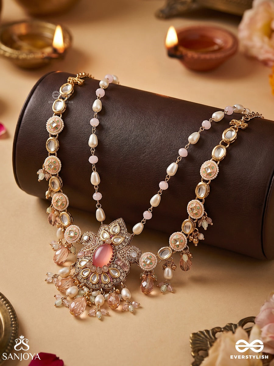 Gulaabika – Rose-Tinted Beauty – Festive Necklace With Blush Pink Centerpiece, Mirror-Like Stone Links, Pearl Details And Delicate Pastel Drop Accents