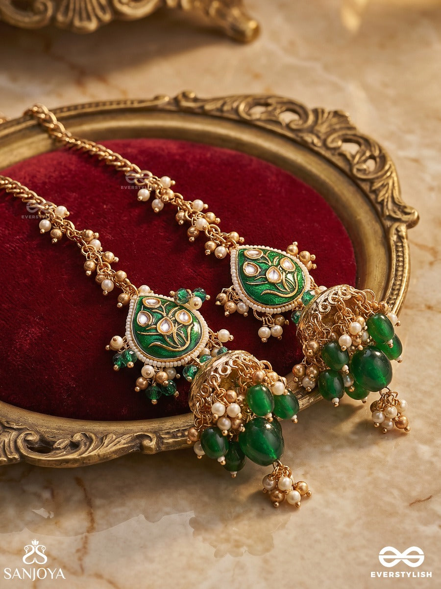 Haritjhumra – Green Sway – Ornate Kaan Chain Earrings With Green Teardrop Motifs, Gold-Tone Jhumka Ends, Pearl Accents And Dangling Bead Details
