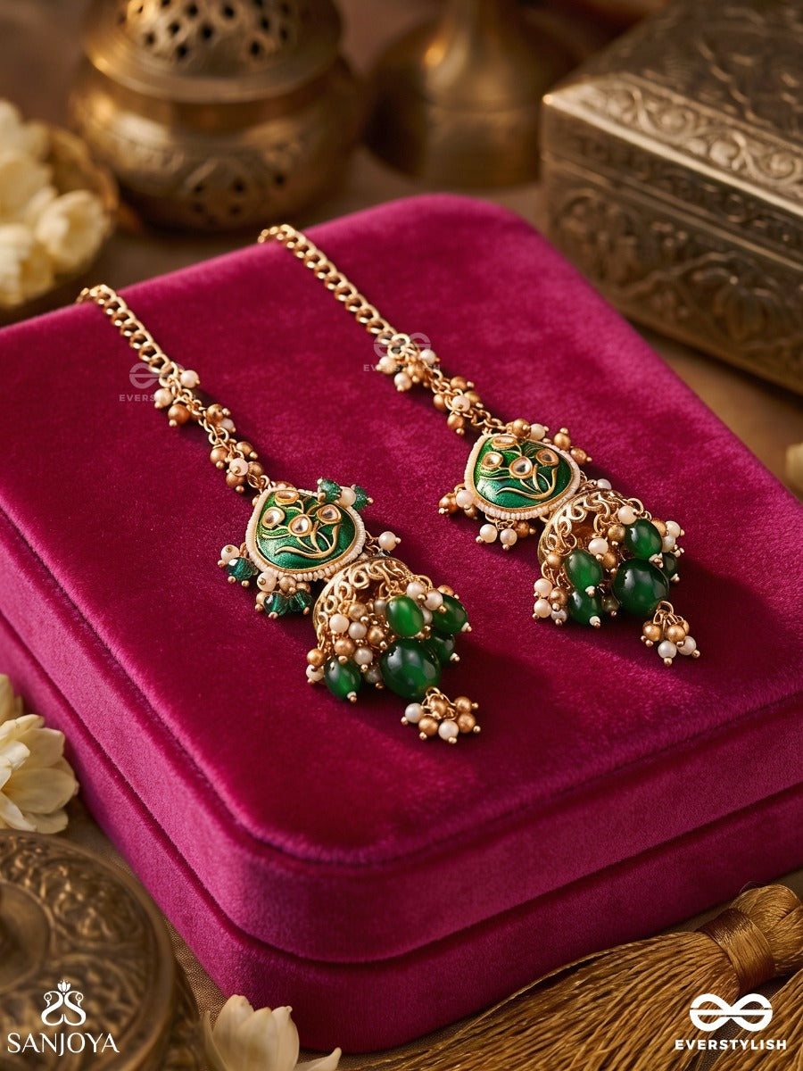 Haritjhumra – Green Sway – Ornate Kaan Chain Earrings With Green Teardrop Motifs, Gold-Tone Jhumka Ends, Pearl Accents And Dangling Bead Details
