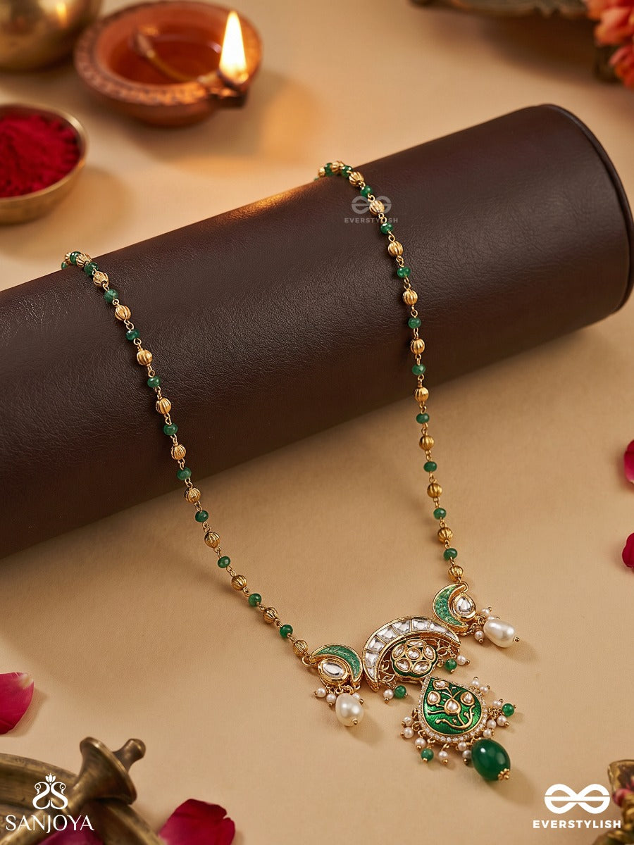 Ruchilekha – Beautiful Trace – Delicate Long Necklace With Slim Chain Strands, Ornamental Centerpiece And Soft Dangling Details