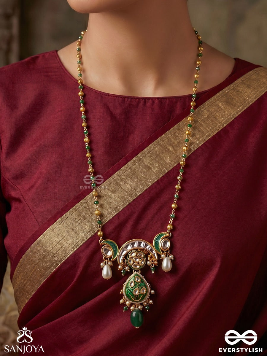 Ruchilekha – Beautiful Trace – Delicate Long Necklace With Slim Chain Strands, Ornamental Centerpiece And Soft Dangling Details