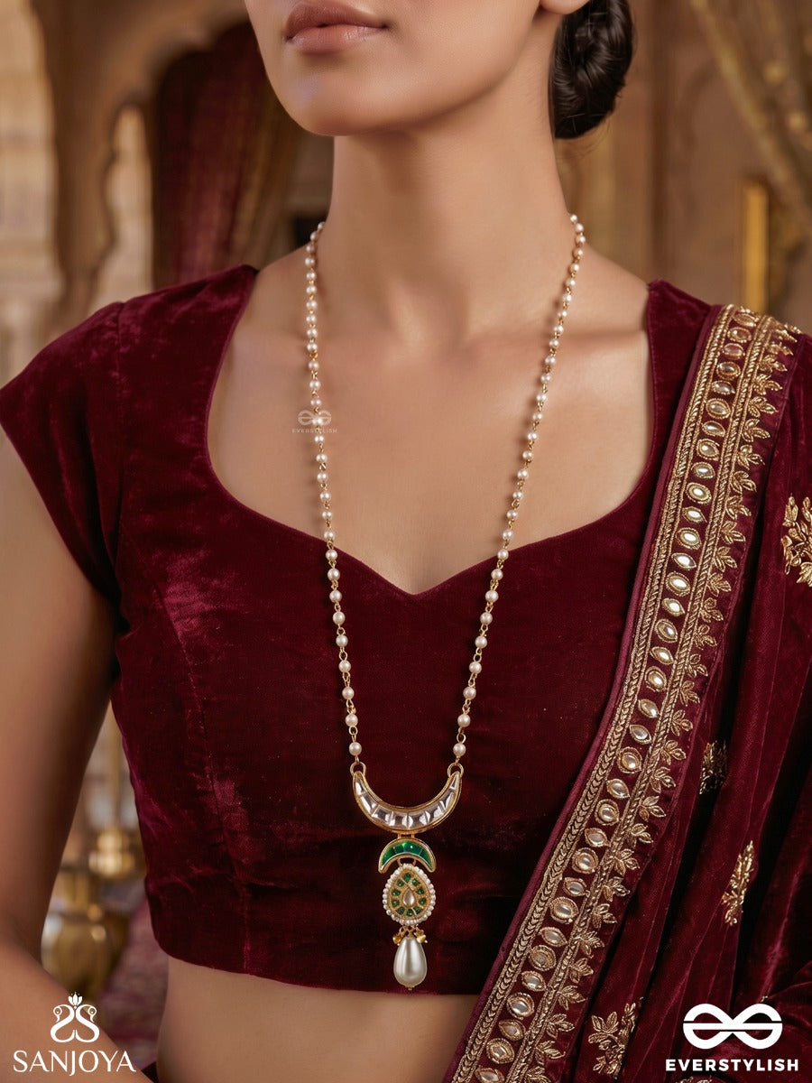 Mandaarini – Gentle Bloom – Delicate Long Necklace With A Floral Green Center Motif, Gold-Tone Detailing And A Single Pearl Drop Accent