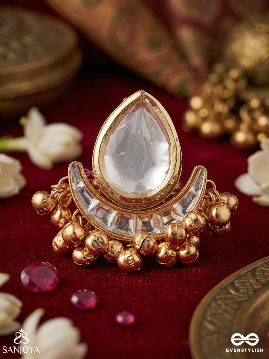 Kashirindu – Kashmiri Moon – Ornate Kashmiri Ring With Teardrop Mirror Stone, Crescent Base And Gold-Tone Bead Fringe