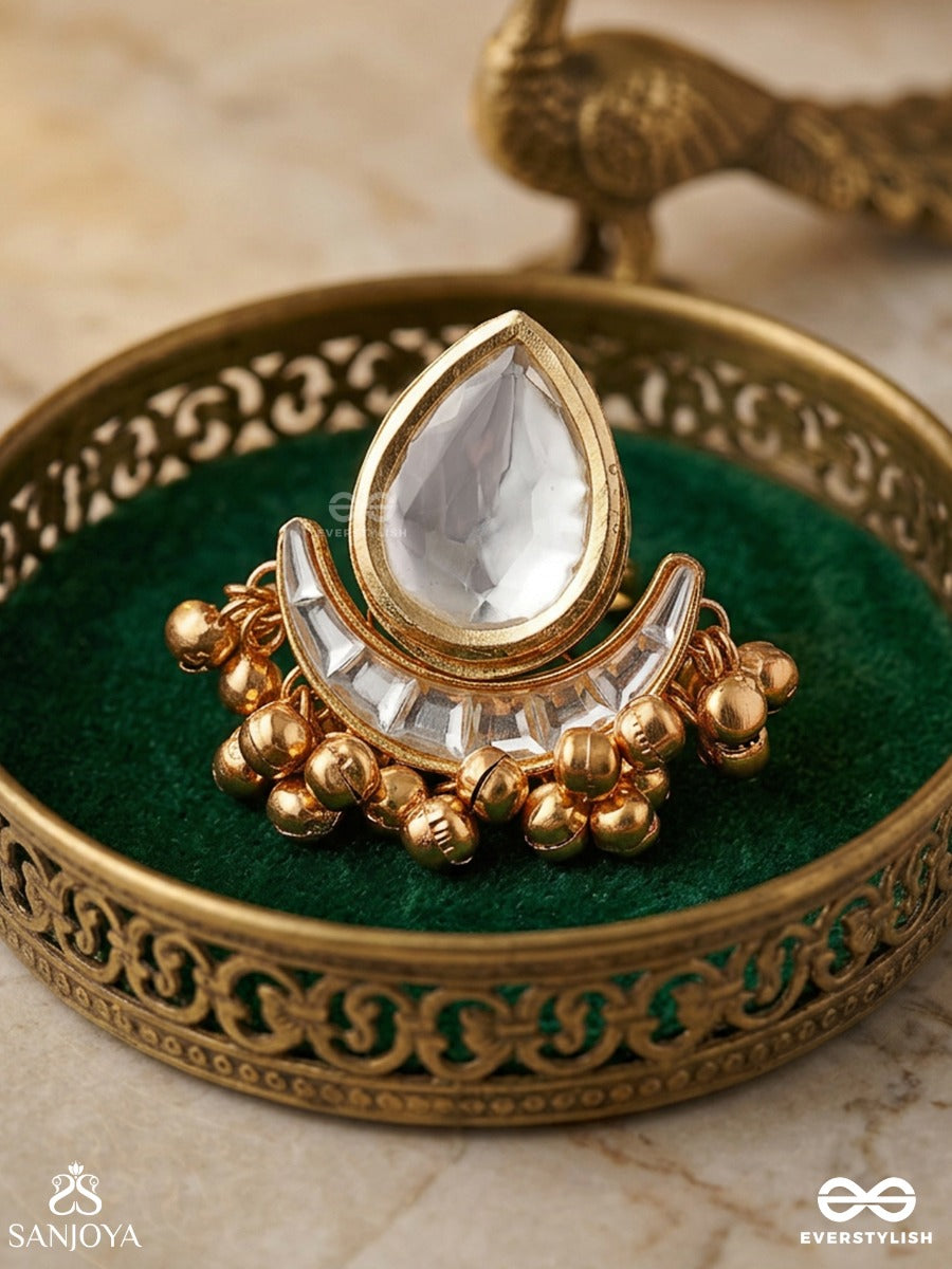 Kashirindu – Kashmiri Moon – Ornate Kashmiri Ring With Teardrop Mirror Stone, Crescent Base And Gold-Tone Bead Fringe