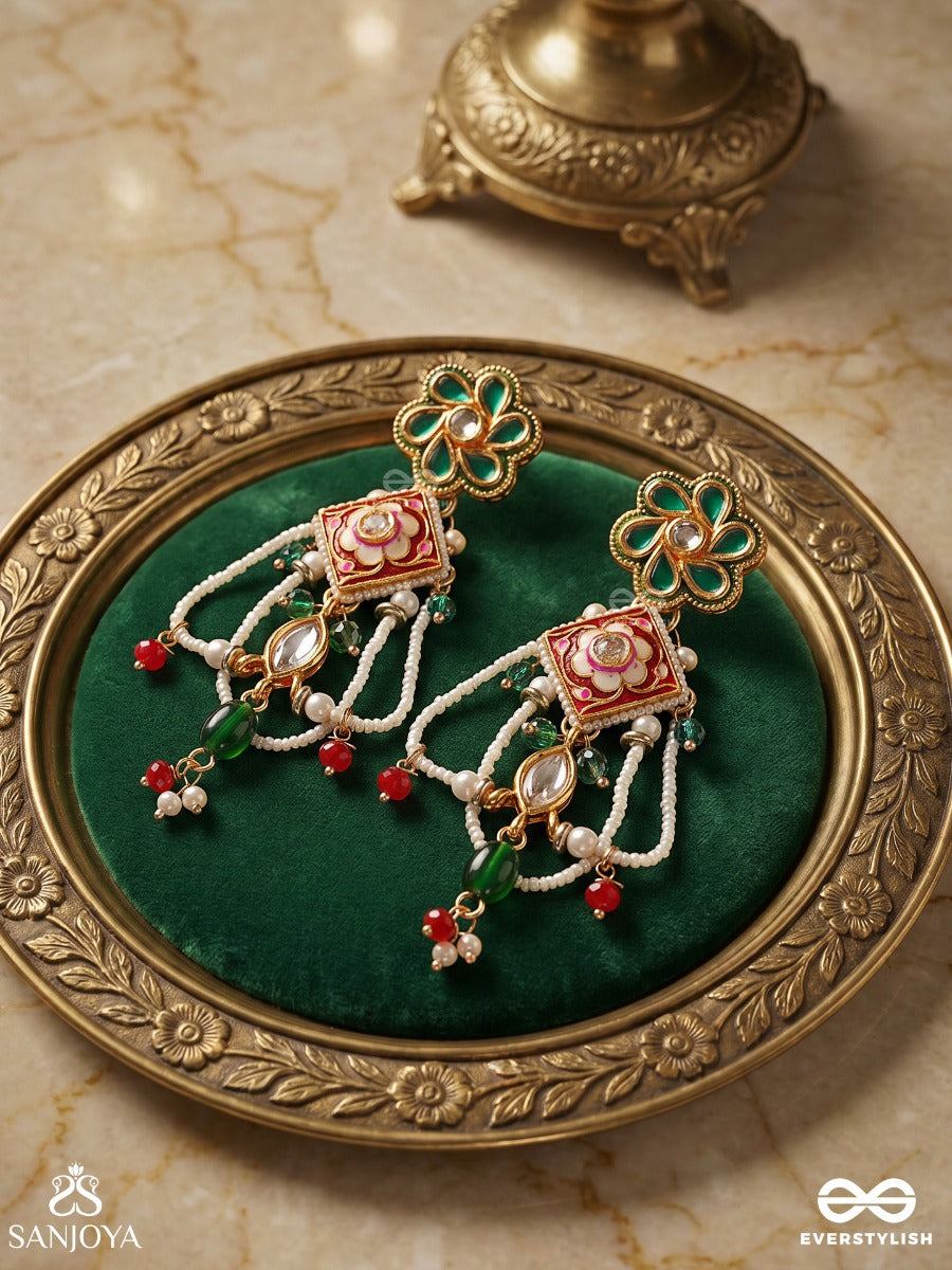 Navrangi – Nine-Hued Grace – Festive Earrings With Floral Top Detail, Geometric Center Motif, Green Bead Accents And Dainty Drop Chains