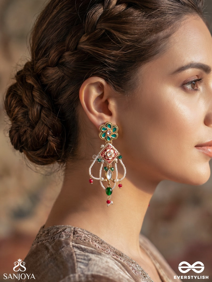 Navrangi – Nine-Hued Grace – Festive Earrings With Floral Top Detail, Geometric Center Motif, Green Bead Accents And Dainty Drop Chains