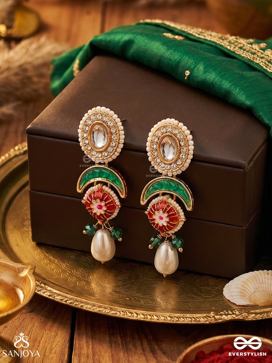 Miraya – Admirable Grace – Traditional Earrings With Pearl-Bordered Oval Studs, Green Arc Motif, Colourful Center Detail And Pearl Danglers