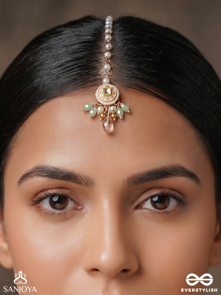 Madhurima – Sweet Grace – Festive Maangtika With Floral Center Detail, Gold-Tone Framework And Soft Pearl-Bead Hangings