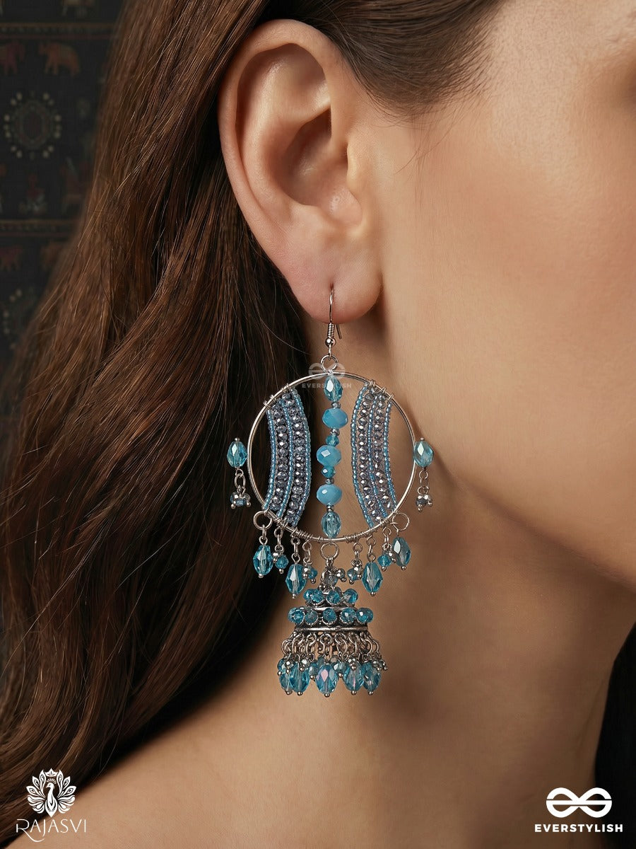 Jaltarang Toran – Oxidised Blue Bead Crystal Jhumki Statement Earrings