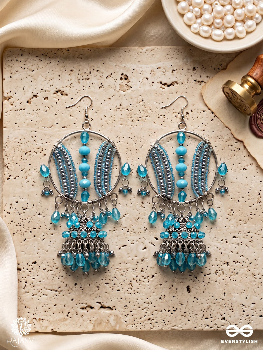 Jaltarang Toran – Oxidised Blue Bead Crystal Jhumki Statement Earrings