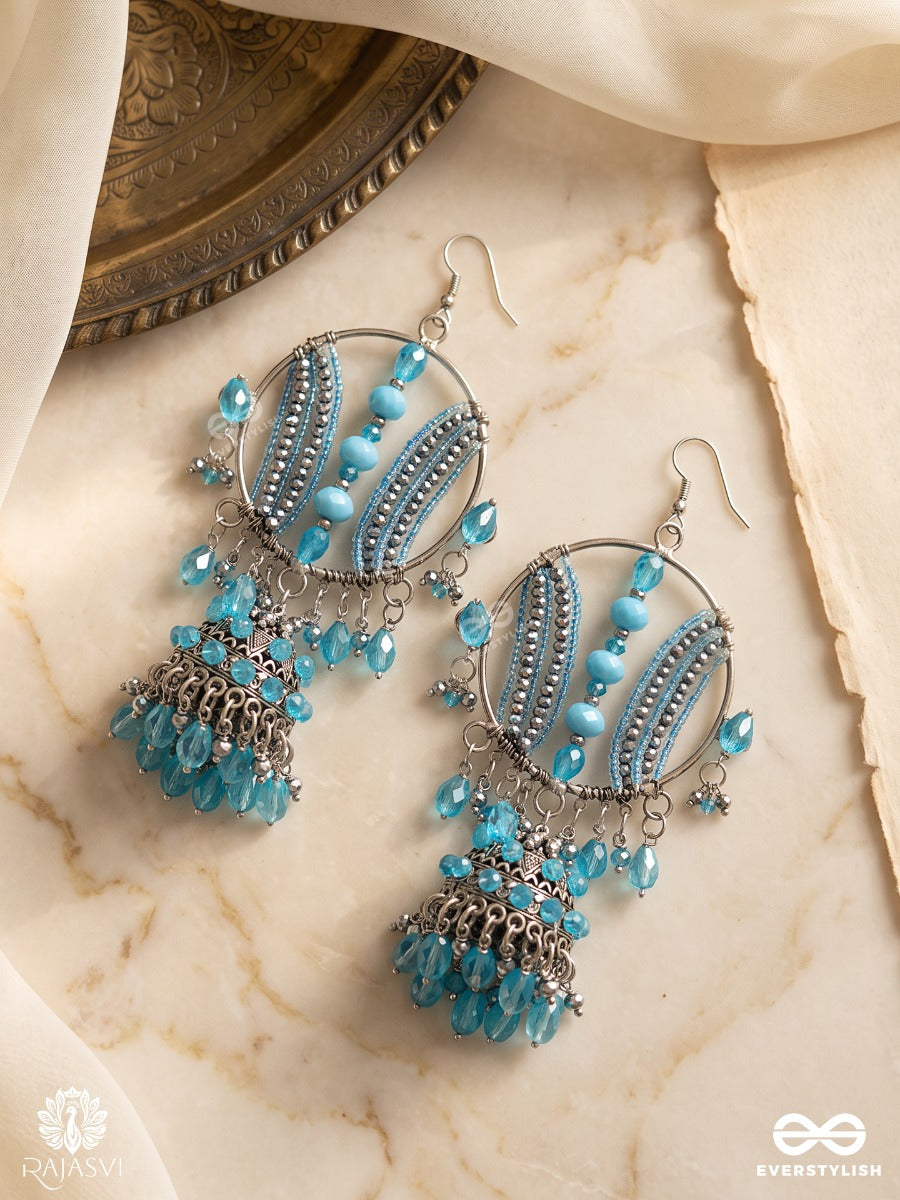 Jaltarang Toran – Oxidised Blue Bead Crystal Jhumki Statement Earrings
