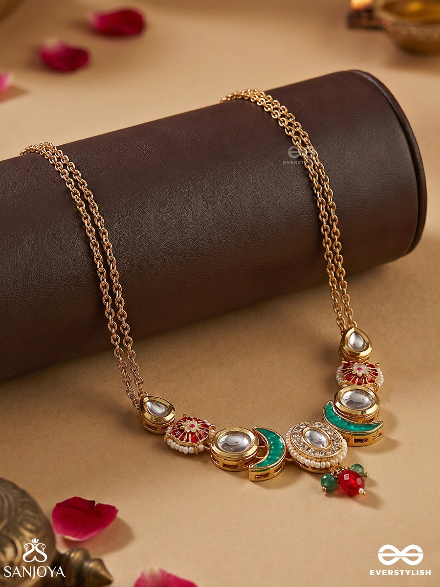 Meenrachna – Enamelled Creation – Elegant Necklace With Curved Crescent Motifs, Red Stone Accents And Delicate Gold-Tone Chain Detailing