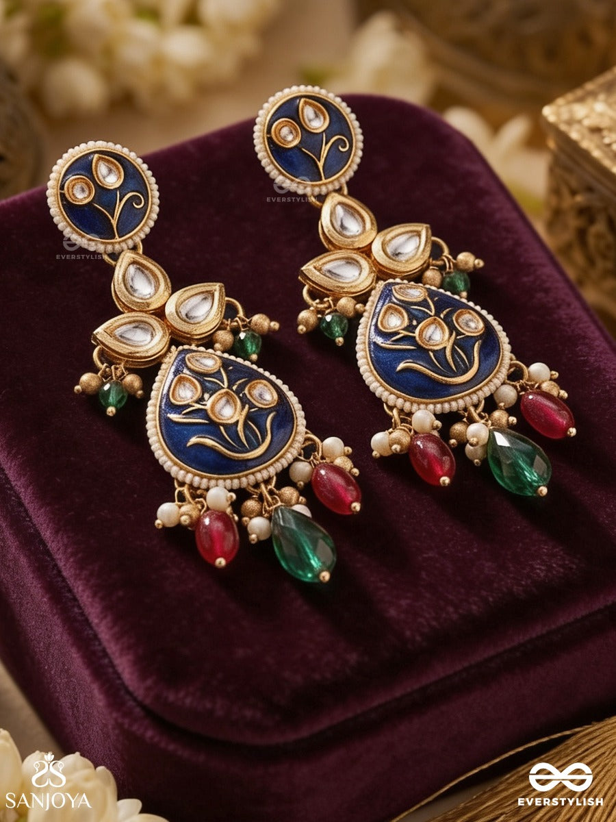 Meenara – Enamelled Charm – Elegant Earrings With Navy Enamel Motifs, Ornamental Center Detail, Pearl Accents And Pink-Green Drop Hangings