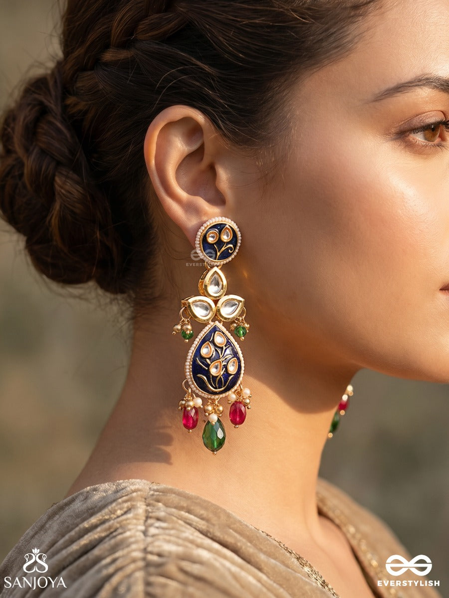 Meenara – Enamelled Charm – Elegant Earrings With Navy Enamel Motifs, Ornamental Center Detail, Pearl Accents And Pink-Green Drop Hangings