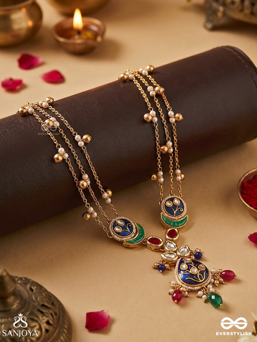 Meenara – Enamelled Charm – Festive Necklace With Navy Enamel Details, Pearl-Lined Strands, Gold-Tone Side Links And Multi-Colour Dangling Accents