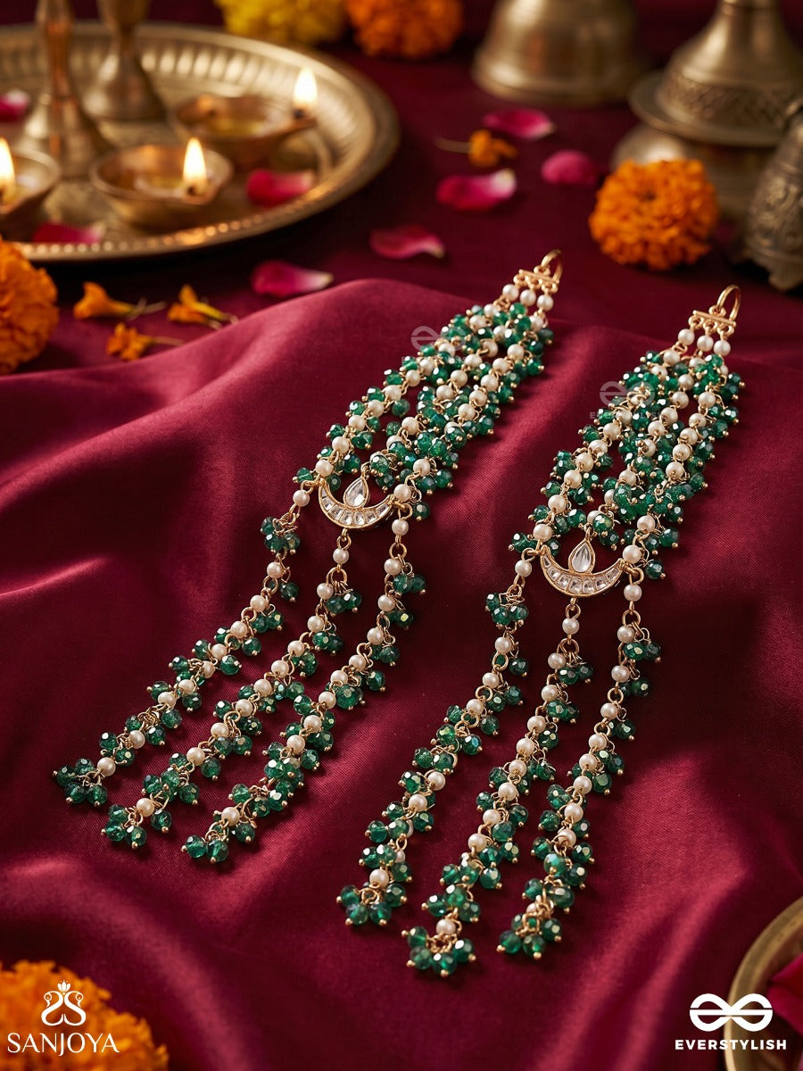 Haripankhi – Green Petal Grace – Ornate Kaan Chain Earrings With Floral Green Motifs, Linked Chain Detailing And Delicate Pearl-Bead Danglers