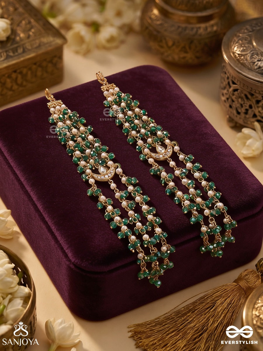 Haripankhi – Green Petal Grace – Ornate Kaan Chain Earrings With Floral Green Motifs, Linked Chain Detailing And Delicate Pearl-Bead Danglers