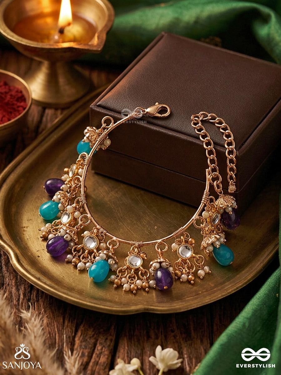Sajraani – Adorned Royalty – Festive Single Piece Bracelet With Gold-Tone Charm Clusters, Mirror Details, Aqua Drops And Purple Bead Hangings