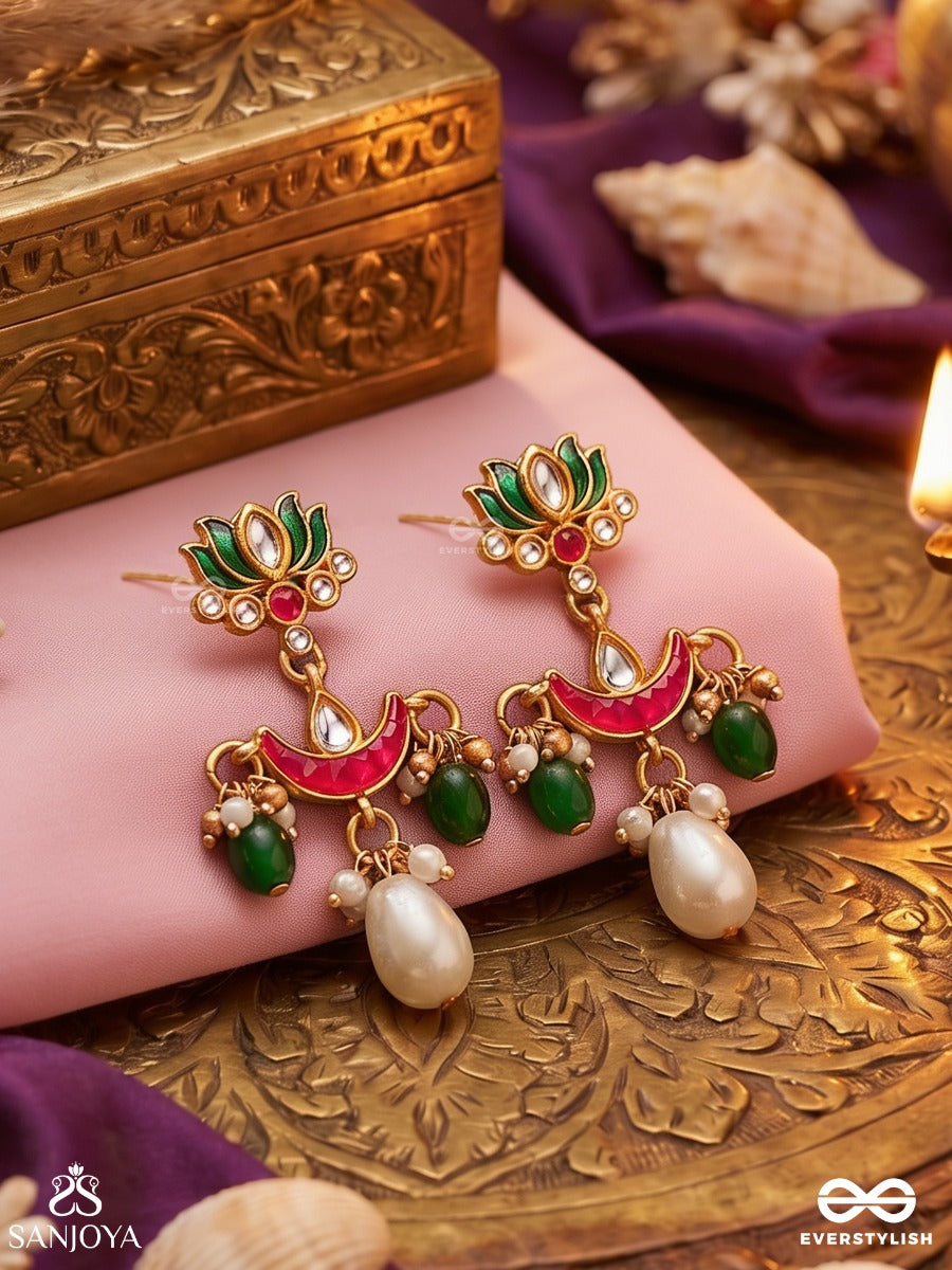Haripadma – Green Lotus – Ornate Earrings With Lotus Top Motif, Pink Crescent Detail, Green Bead Hangings And A Statement Pearl Drop