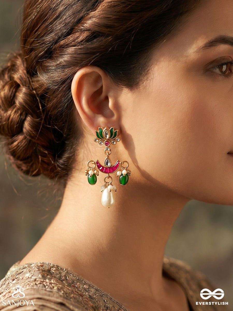 Haripadma – Green Lotus – Ornate Earrings With Lotus Top Motif, Pink Crescent Detail, Green Bead Hangings And A Statement Pearl Drop