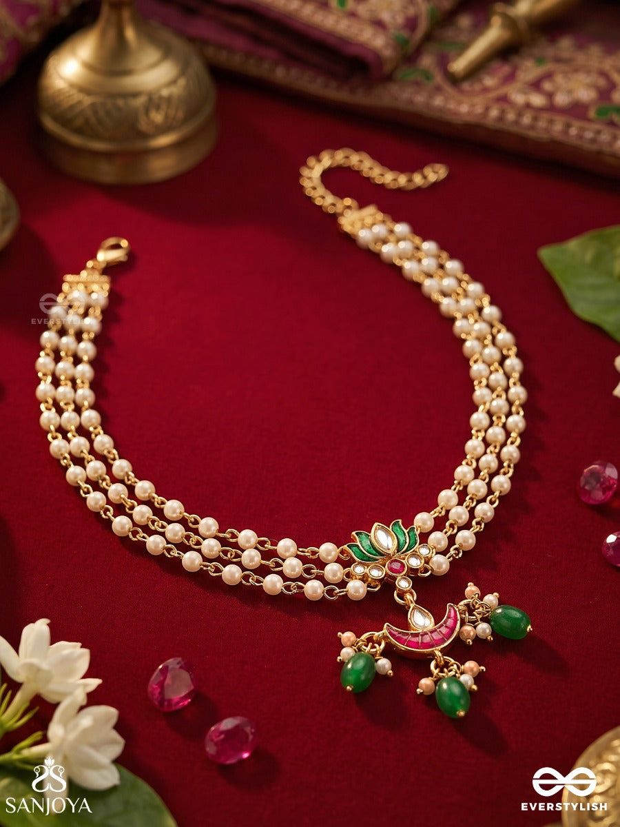 Haripadma – Green Lotus – Festive Necklace With Pearl-Lined Strands, Green Drop Accents, Pink Crescent Detail And Ornamental Gold-Tone Centerpiece