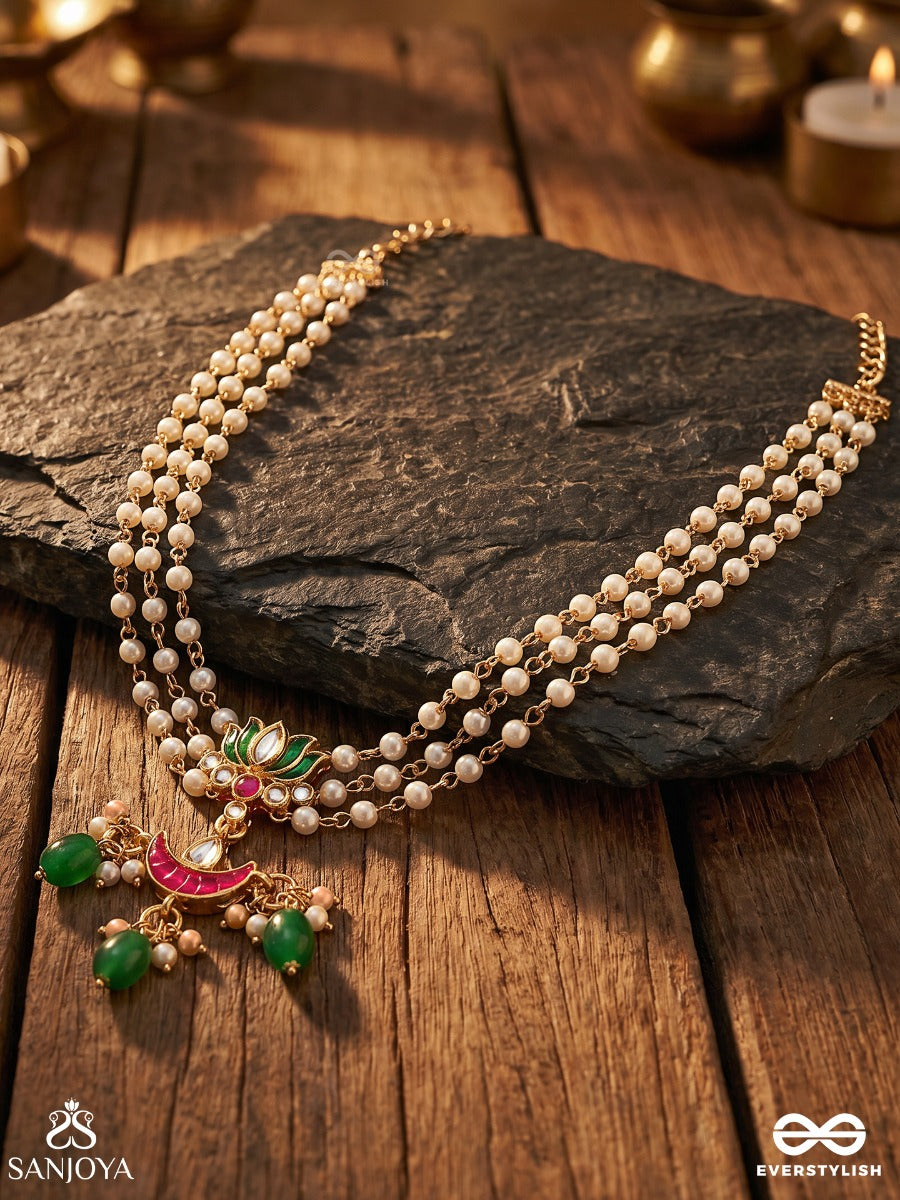 Haripadma – Green Lotus – Festive Necklace With Pearl-Lined Strands, Green Drop Accents, Pink Crescent Detail And Ornamental Gold-Tone Centerpiece