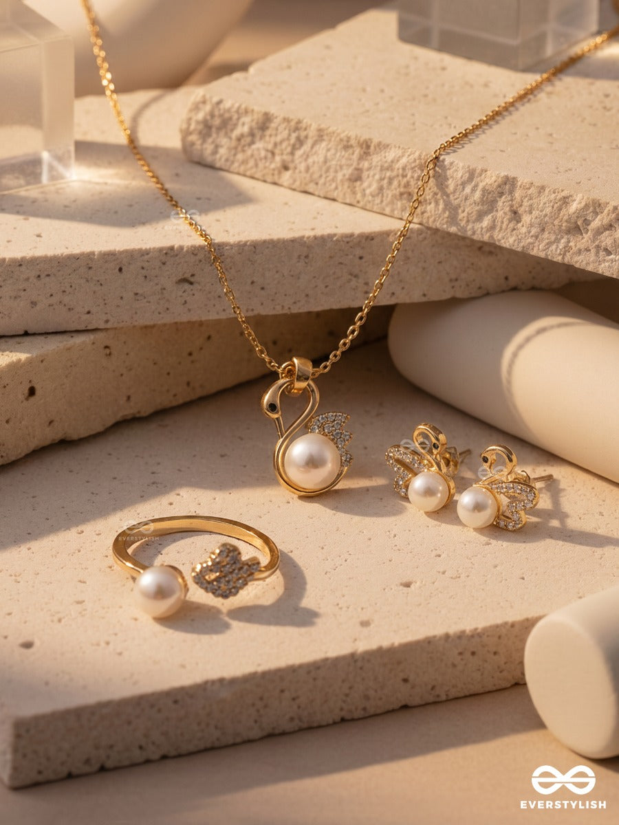 Bloom Kiss – Floral Pearl Necklace, Ring & Stud Earrings Set