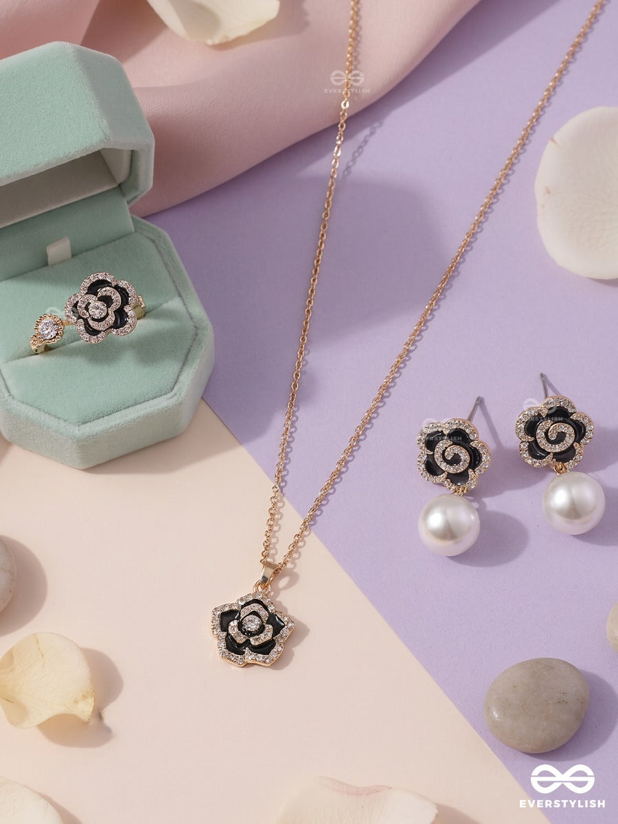 Mocha Blossom – Pearl Drop Earrings, Ring & Necklace Set