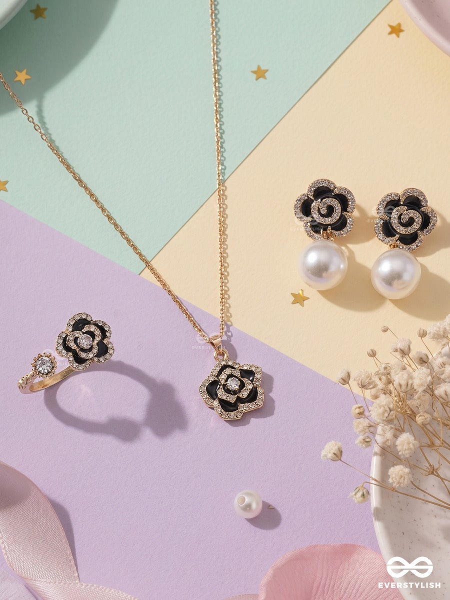Mocha Blossom – Pearl Drop Earrings, Ring & Necklace Set