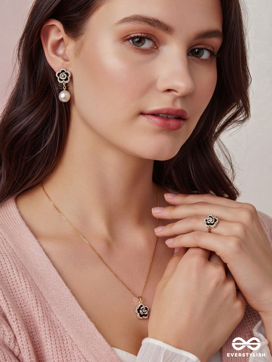 Mocha Blossom – Pearl Drop Earrings, Ring & Necklace Set
