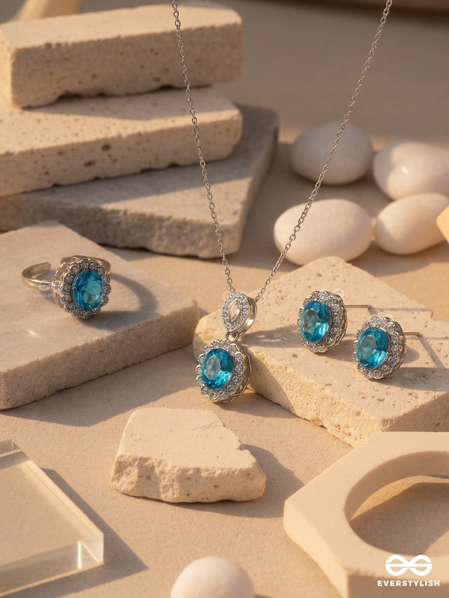 Blue Reverie – Crystal Ocean Toned Necklace, Ring & Earrings Set