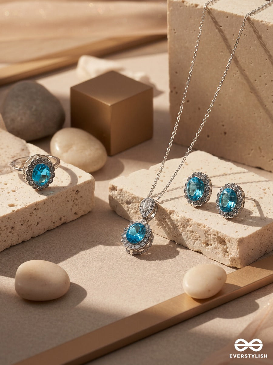 Blue Reverie – Crystal Ocean Toned Necklace, Ring & Earrings Set