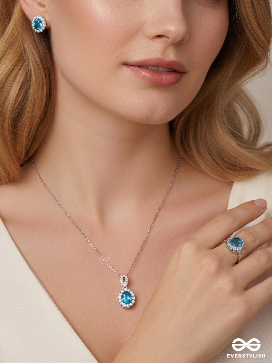 Blue Reverie – Crystal Ocean Toned Necklace, Ring & Earrings Set