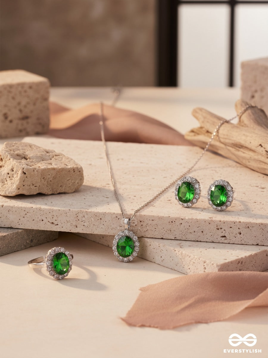 Green Drama – Sparkling Crystal Necklace, Ring & Earrings Set