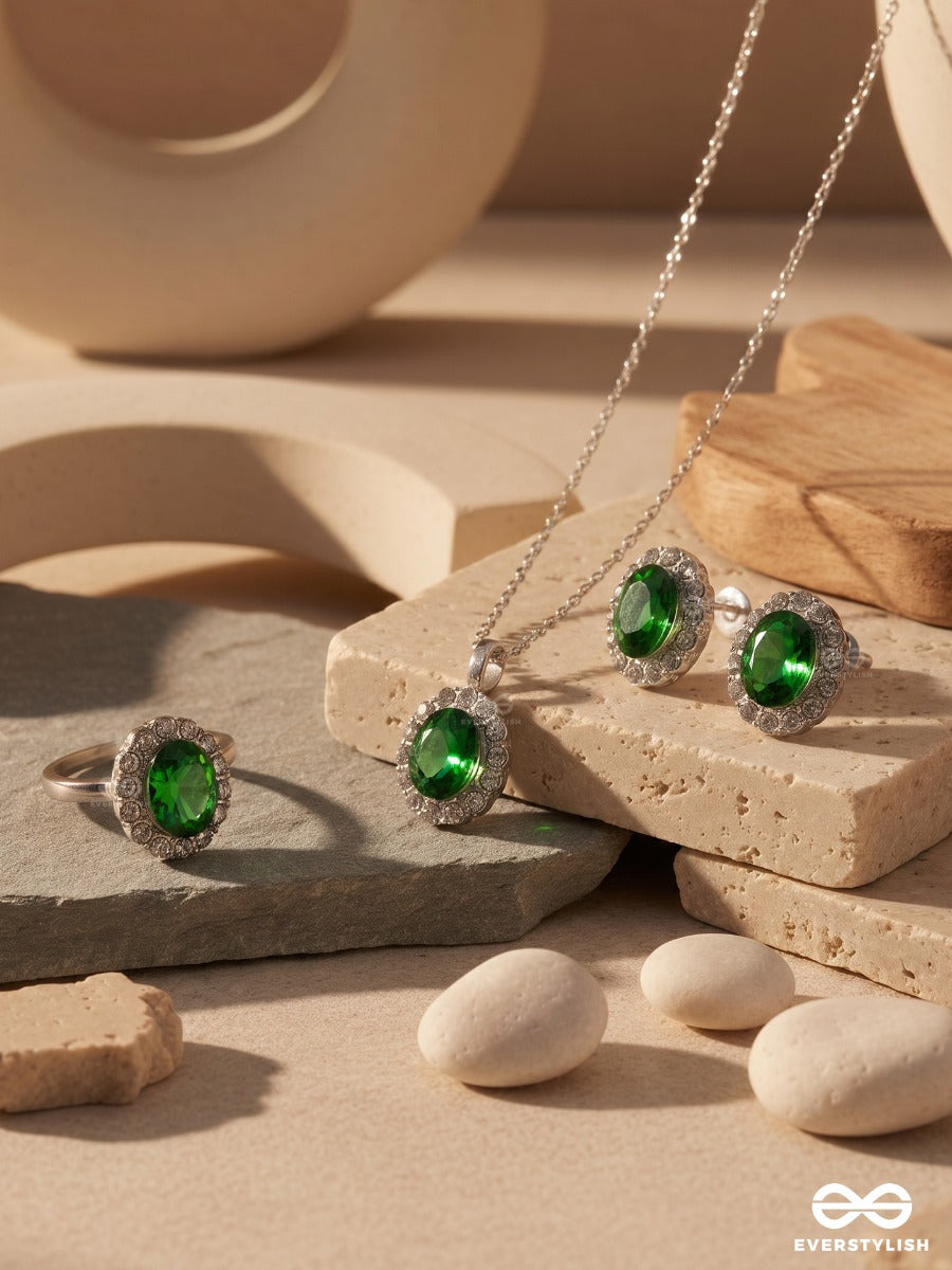 Green Drama – Sparkling Crystal Necklace, Ring & Earrings Set