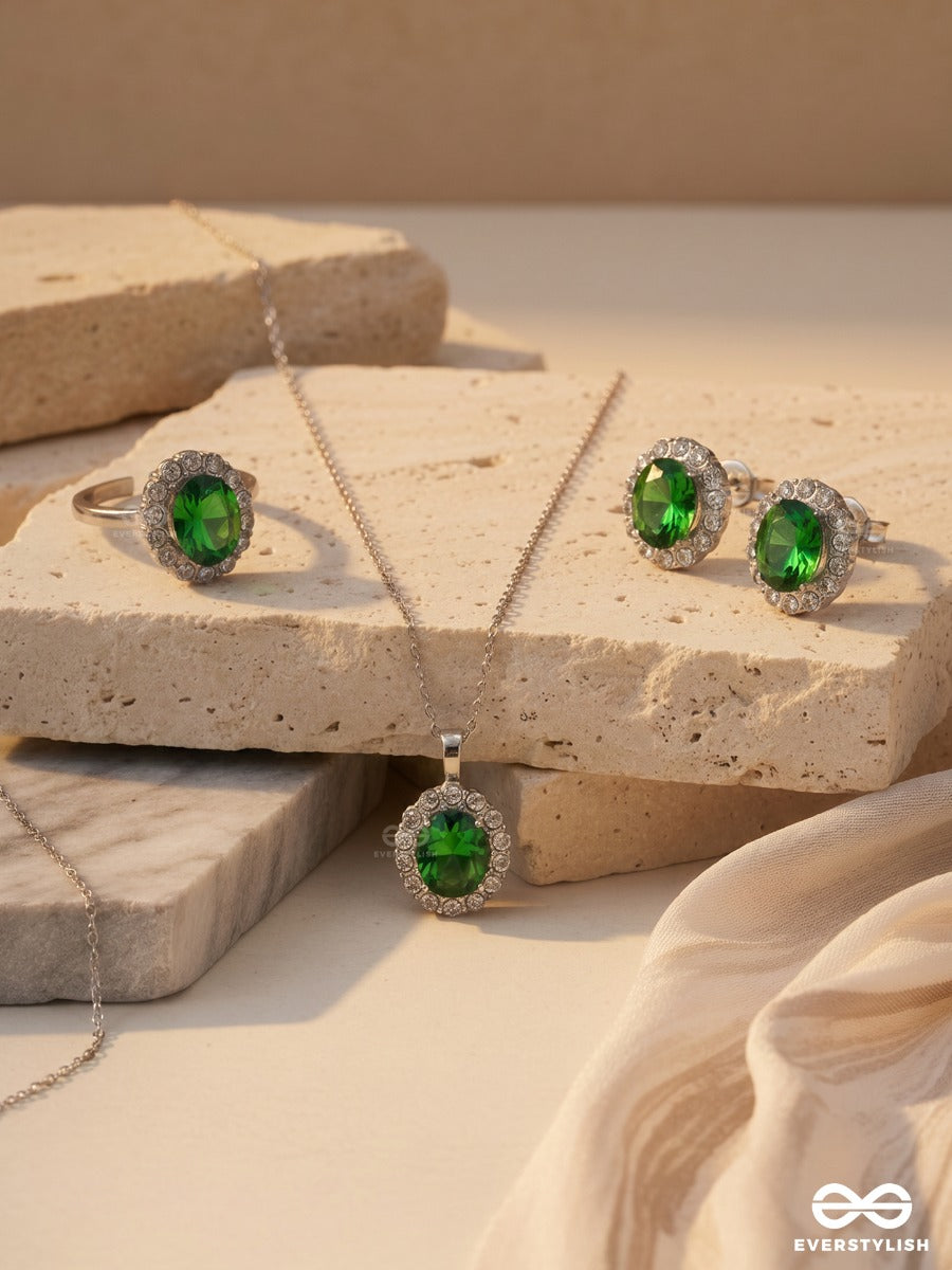 Green Drama – Sparkling Crystal Necklace, Ring & Earrings Set