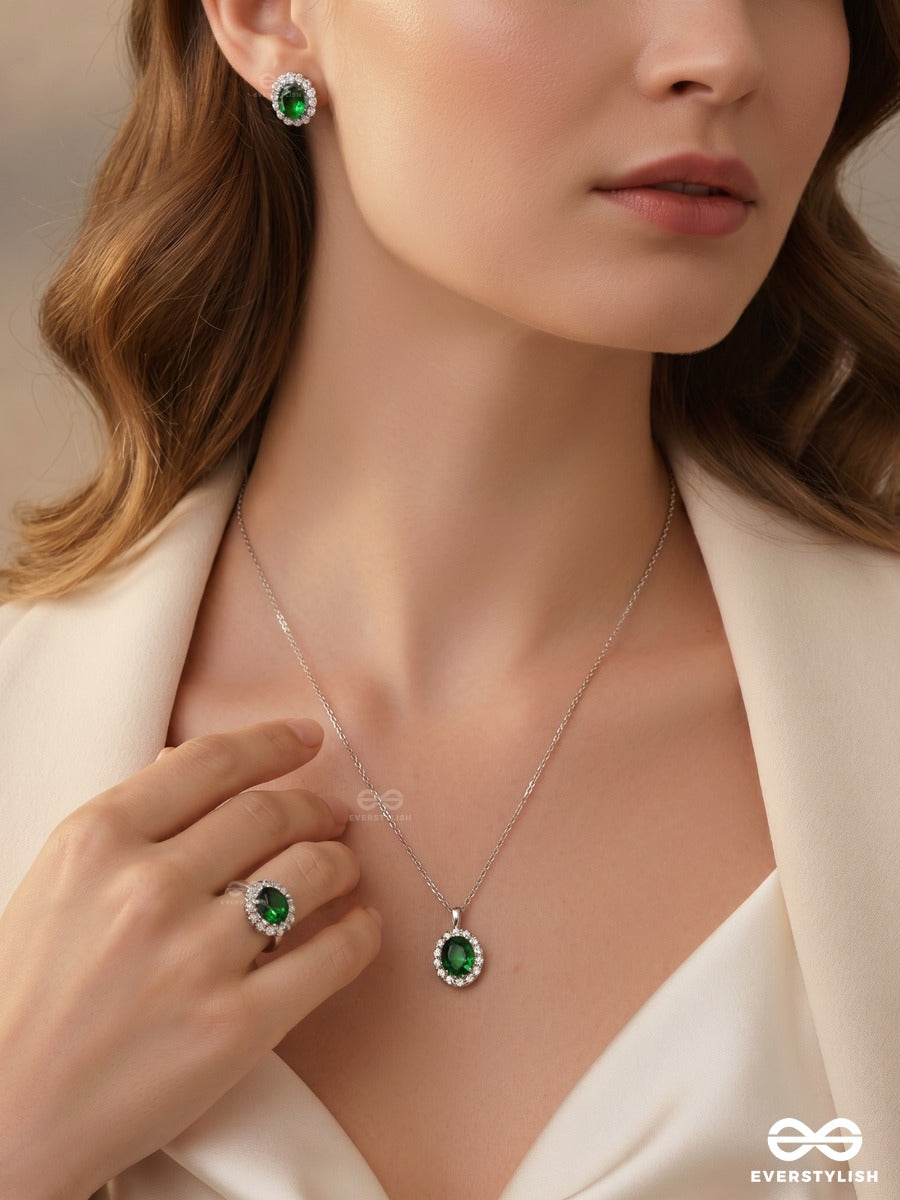Green Drama – Sparkling Crystal Necklace, Ring & Earrings Set
