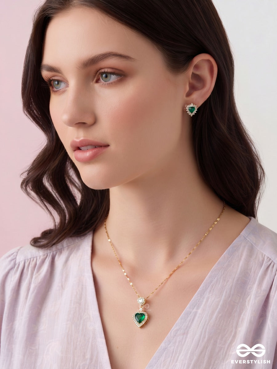 Green Flag – Crystal Heart Pendant Necklace & Earrings Set