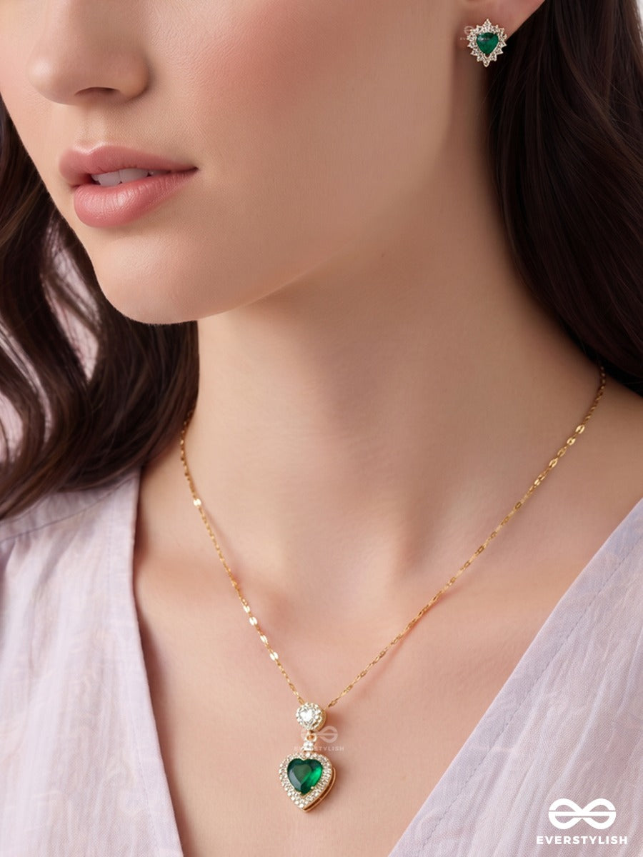 Green Flag – Crystal Heart Pendant Necklace & Earrings Set