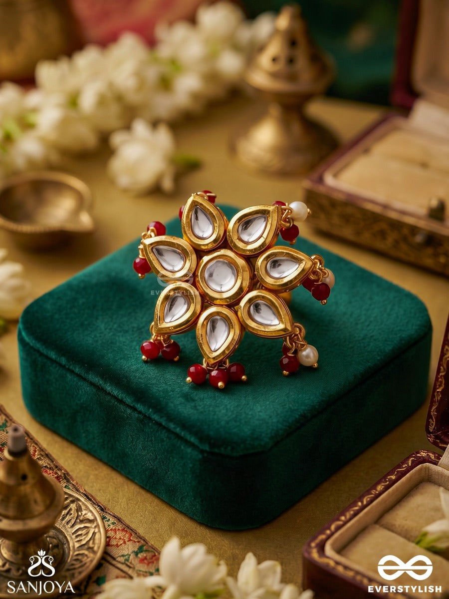 Suryaphool – Sun Bloom – Ornate Ring With Sun-Like Floral Motif, Mirror-Style Stonework, Gold-Tone Frame And Red Bead Accents