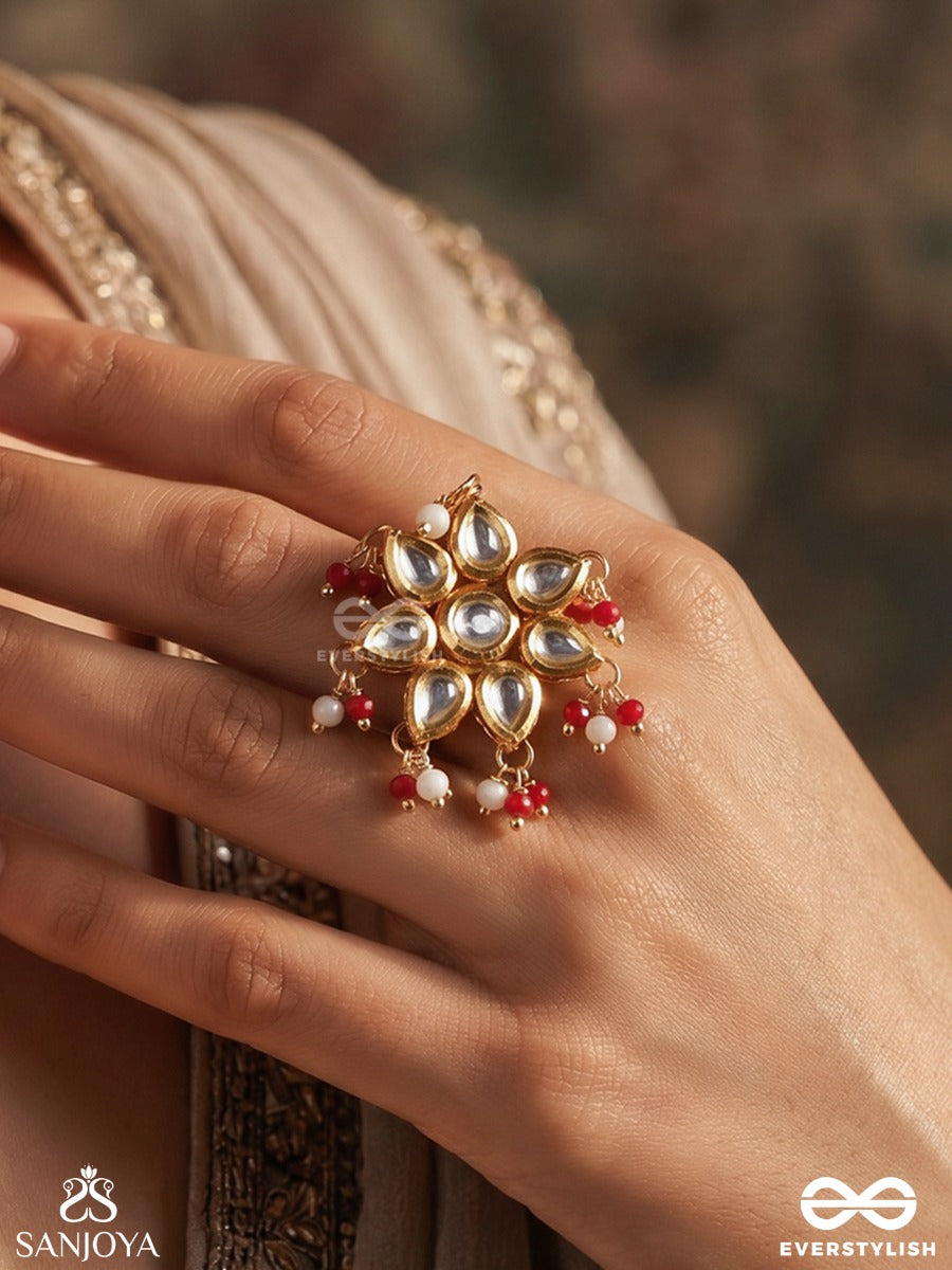 Suryaphool – Sun Bloom – Ornate Ring With Sun-Like Floral Motif, Mirror-Style Stonework, Gold-Tone Frame And Red Bead Accents