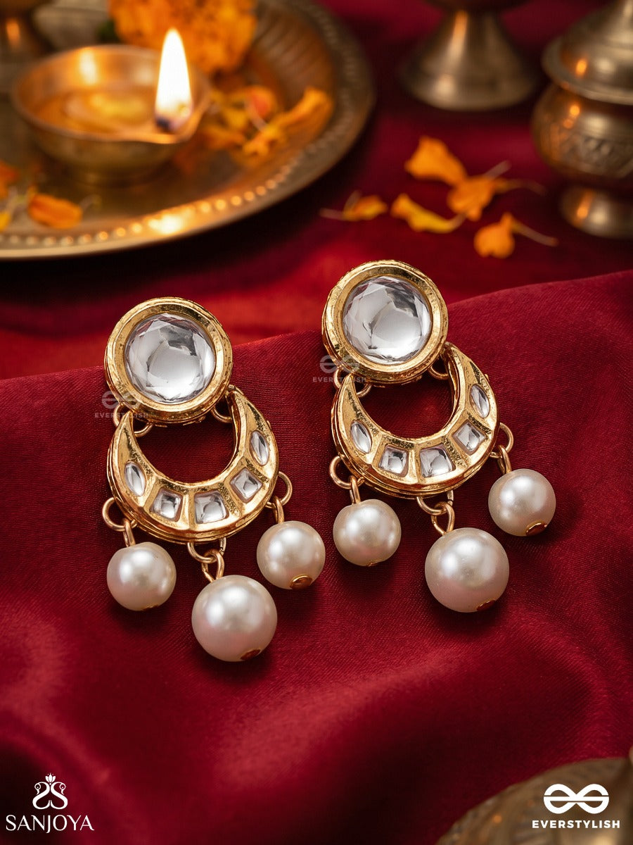 Muktachandra – Pearl Moon – Festive Earrings With Round Reflective Top, Crescent-Inspired Motif And Lustrous Pearl Drop Hangings
