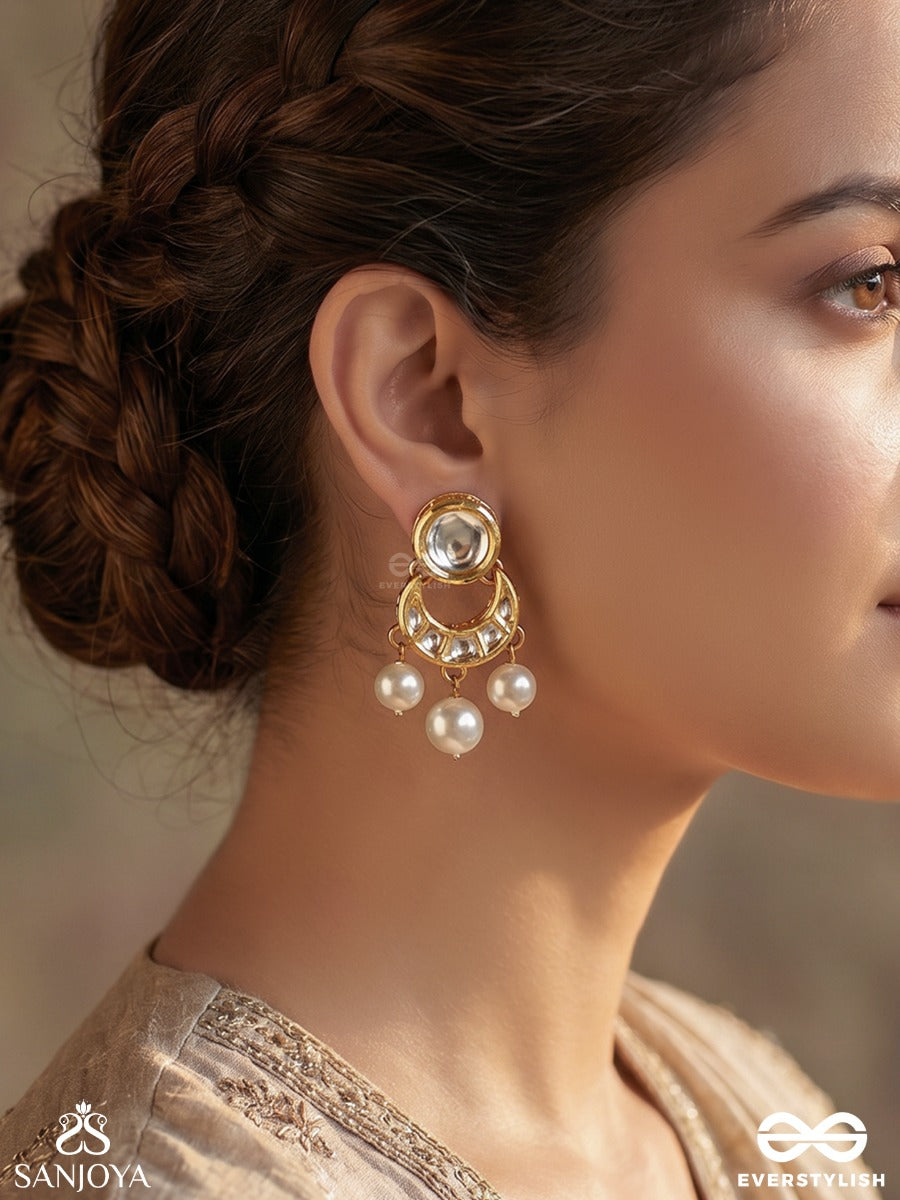 Muktachandra – Pearl Moon – Festive Earrings With Round Reflective Top, Crescent-Inspired Motif And Lustrous Pearl Drop Hangings